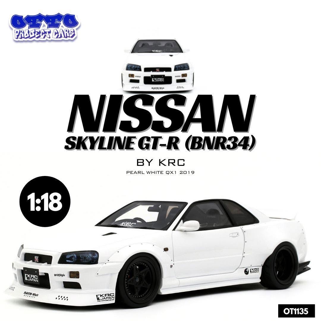 OT1135 Otto Mobile Nissan Skyline GT-R BNR34 By KRC QX1 2019 Pearl White 1:18