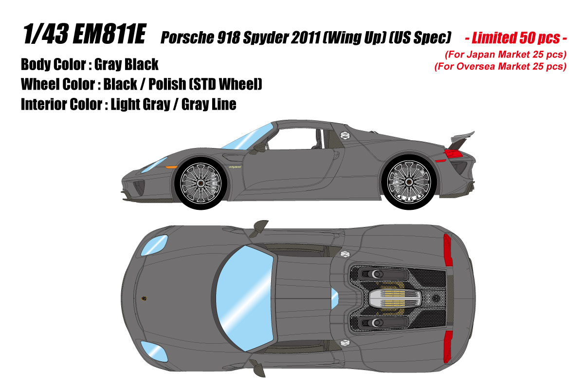 EM811E Make Up Porsche 918 Spyder 2011 Rear Wing Up Gray Black 1:43