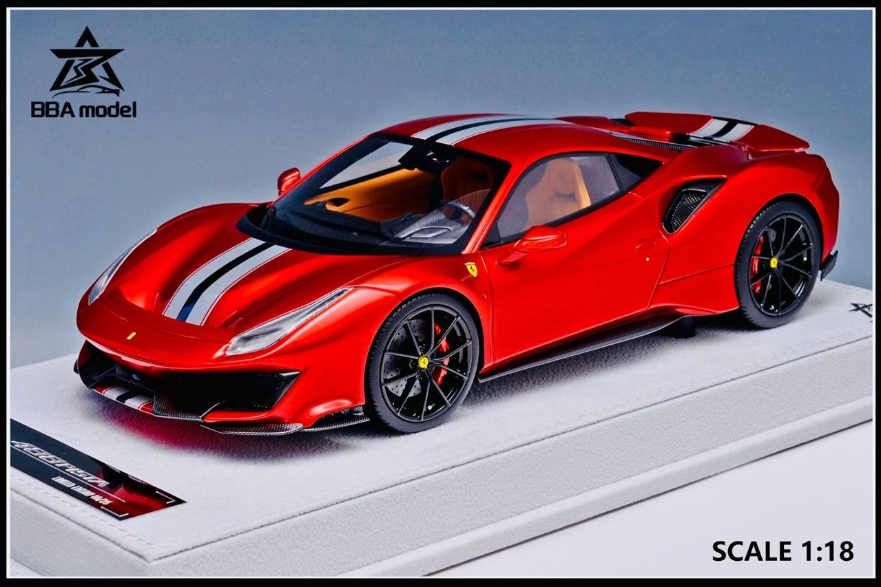 BBA Model Ferrari 488 Pista Rosso Magma/Silver Black Stripe 1:18