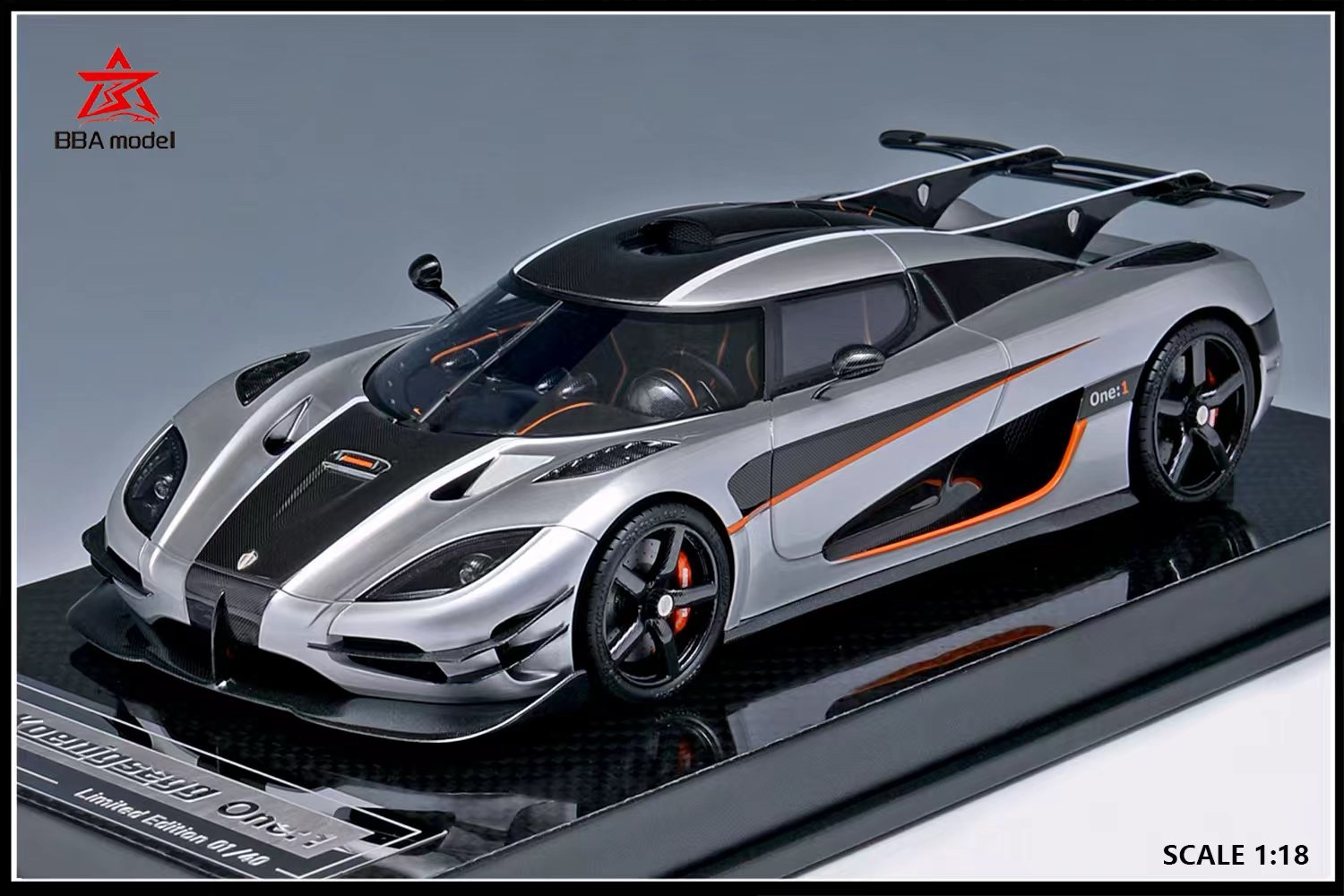 BBA Model Koenigsegg One:1 Silver/Carbon Stripe 1:18