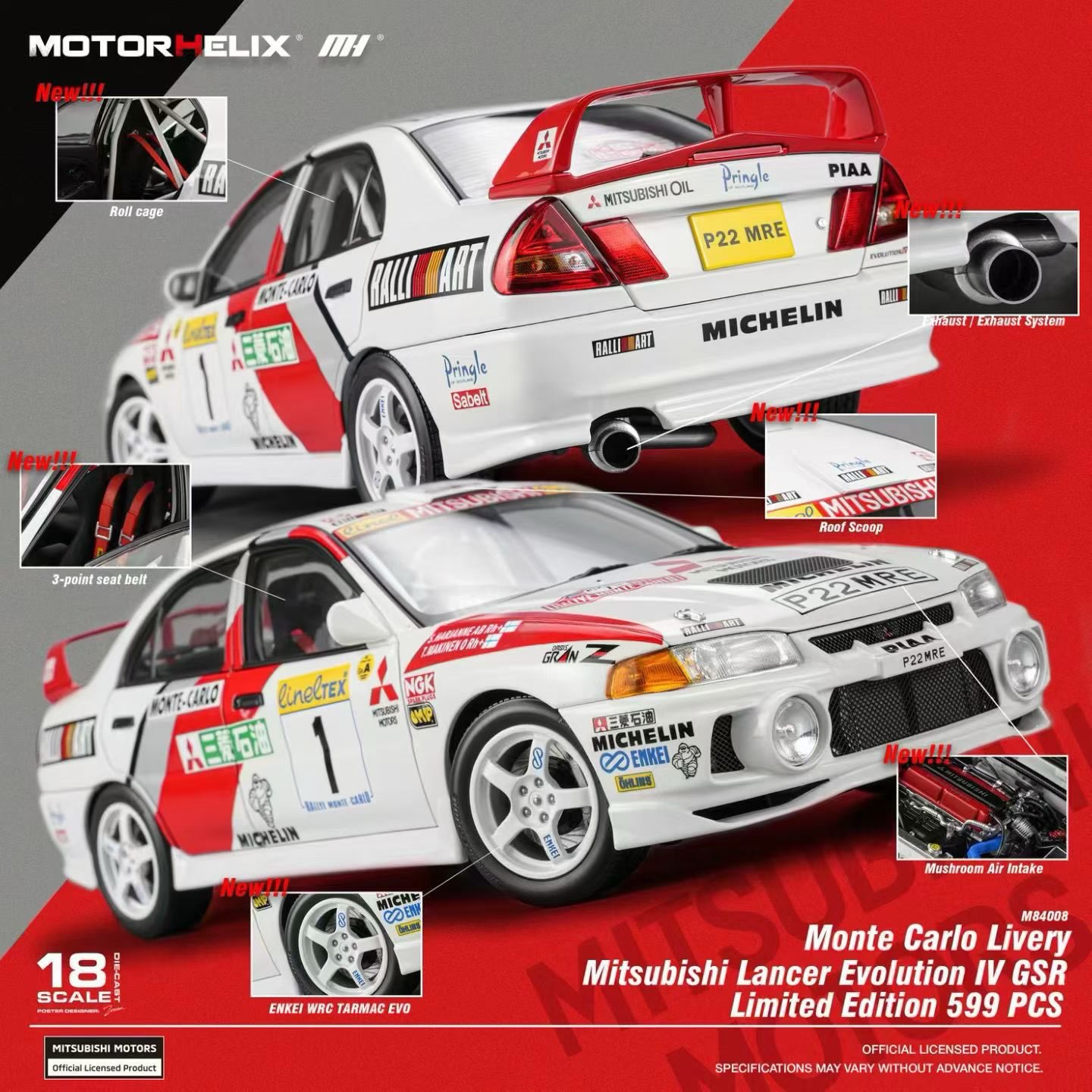 M84008 Motorhelix Mitsubishi Lancer Evolution IV GSR Monte Carlo Livery 1:18