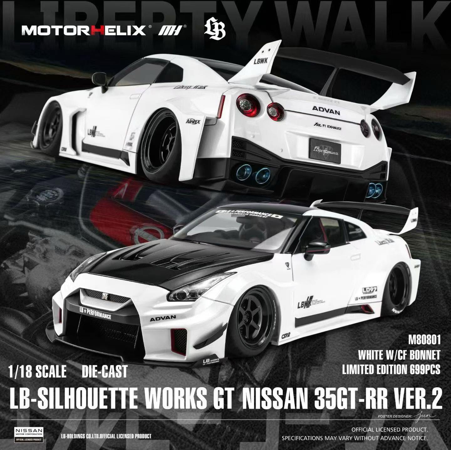 M80801 Motorhelix LB-Silhouette  Works GT Nissan 35GT-RR Ver.2 White/Carbon Bonnet 1:18