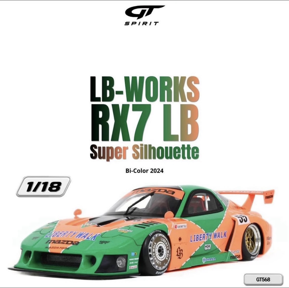 GT568 GT Spirit LB-WORKS Mazda RX-7 LB Super Silhouette Renown Green/Orange 2024 1:18