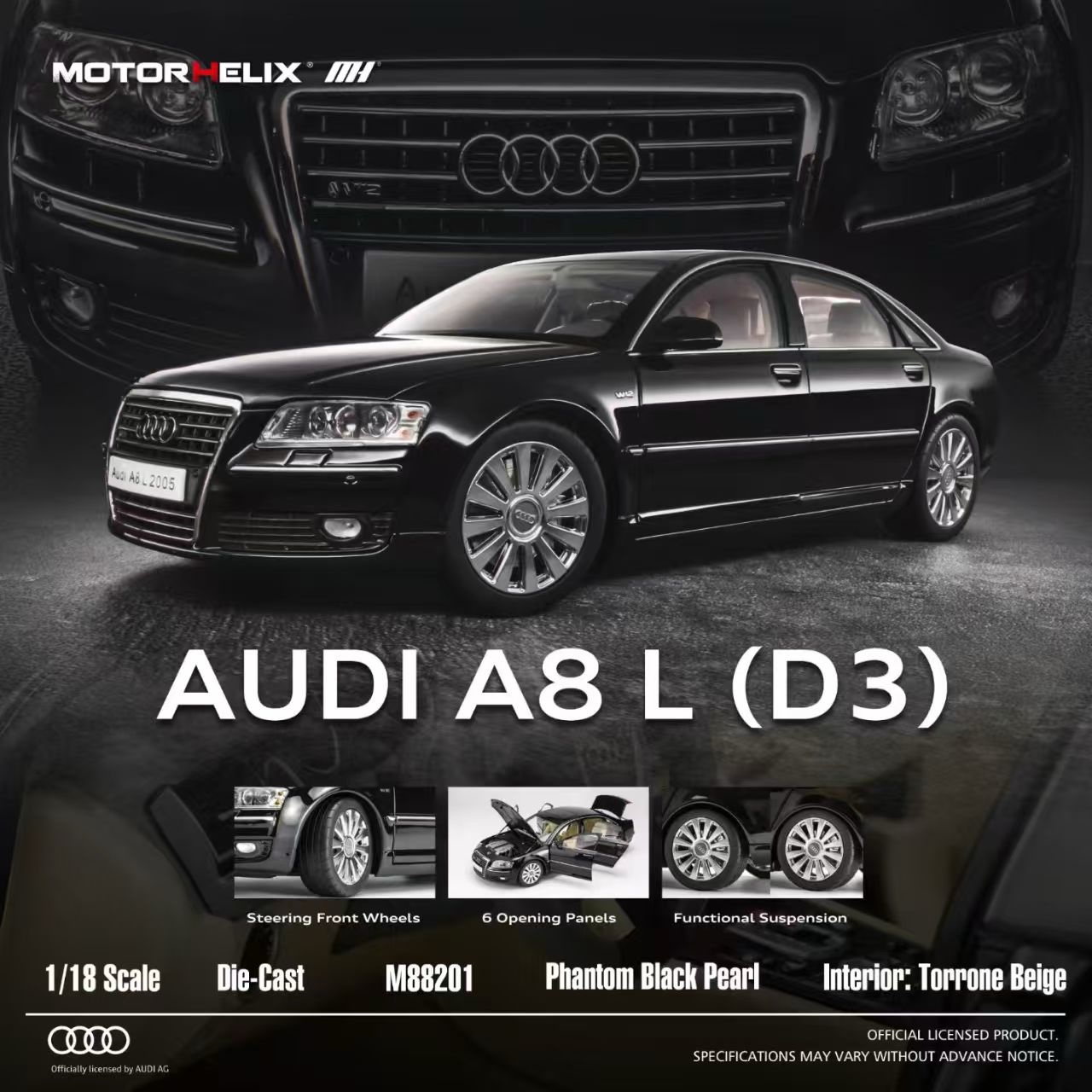 M88201 Motorhelix Audi A8 L (D3) Phantom Black Pearl 2005 1:18