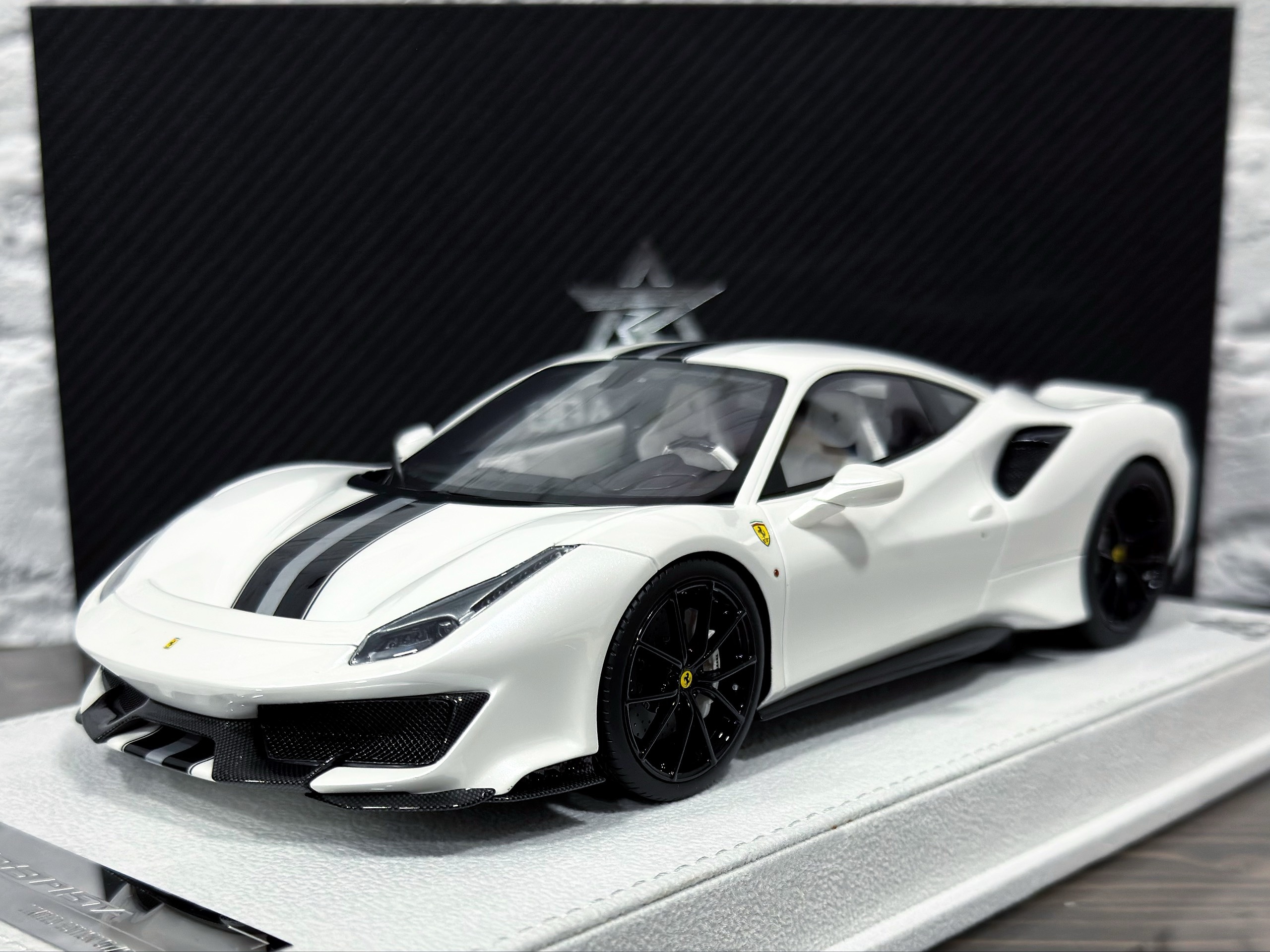 BBA Model Ferrari 488 Pista Pearl White/Black Silver Stripe 1:18