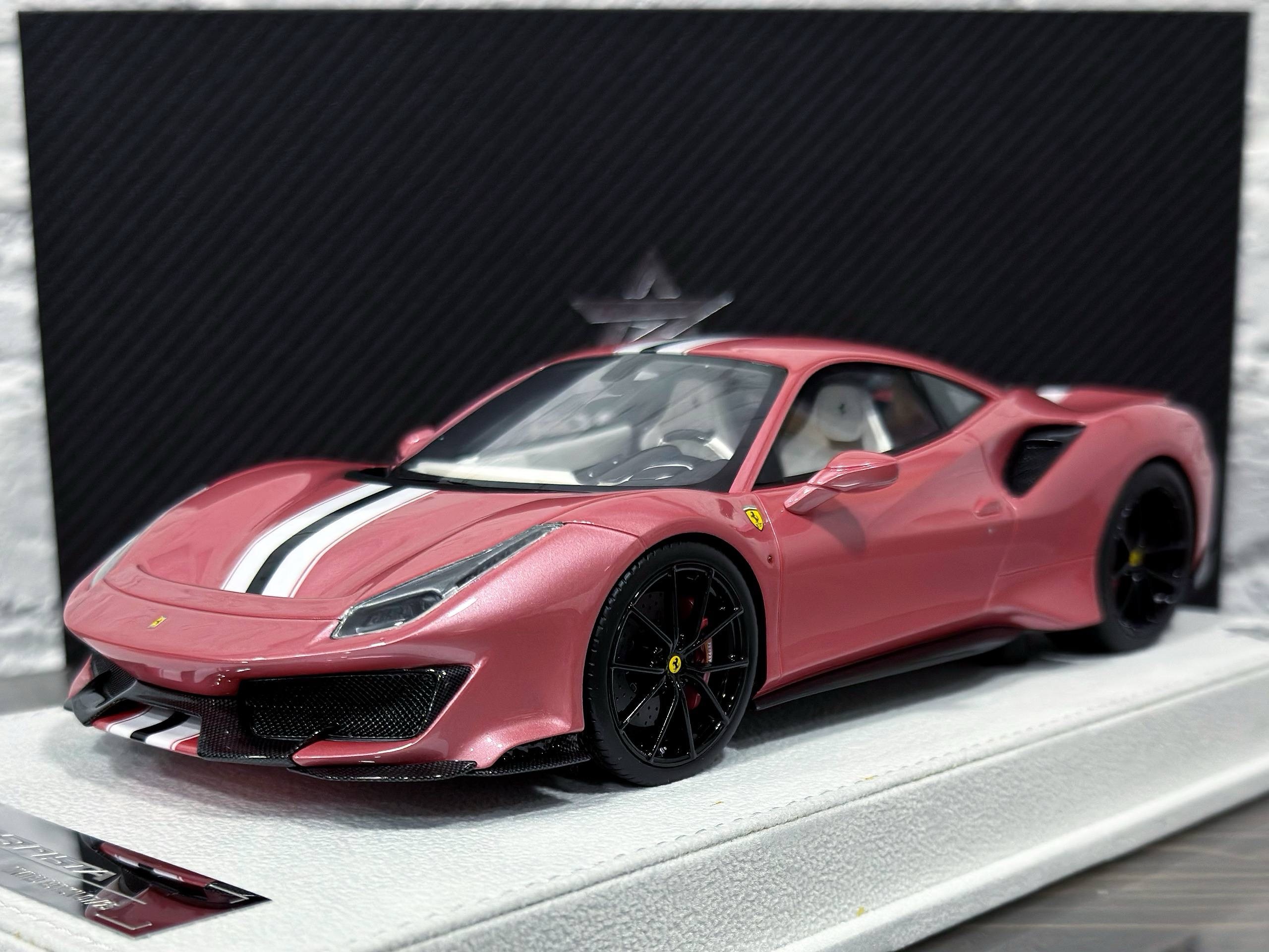 BBA Model Ferrari 488 Pista Glowing Pink/White Grey Stripe 1:18